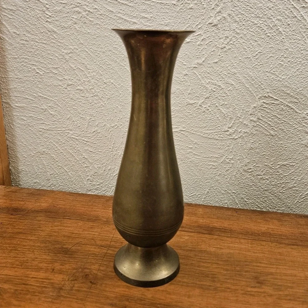 Vintage Solid Brass Bud Vase Made In India Stripes Patina READ